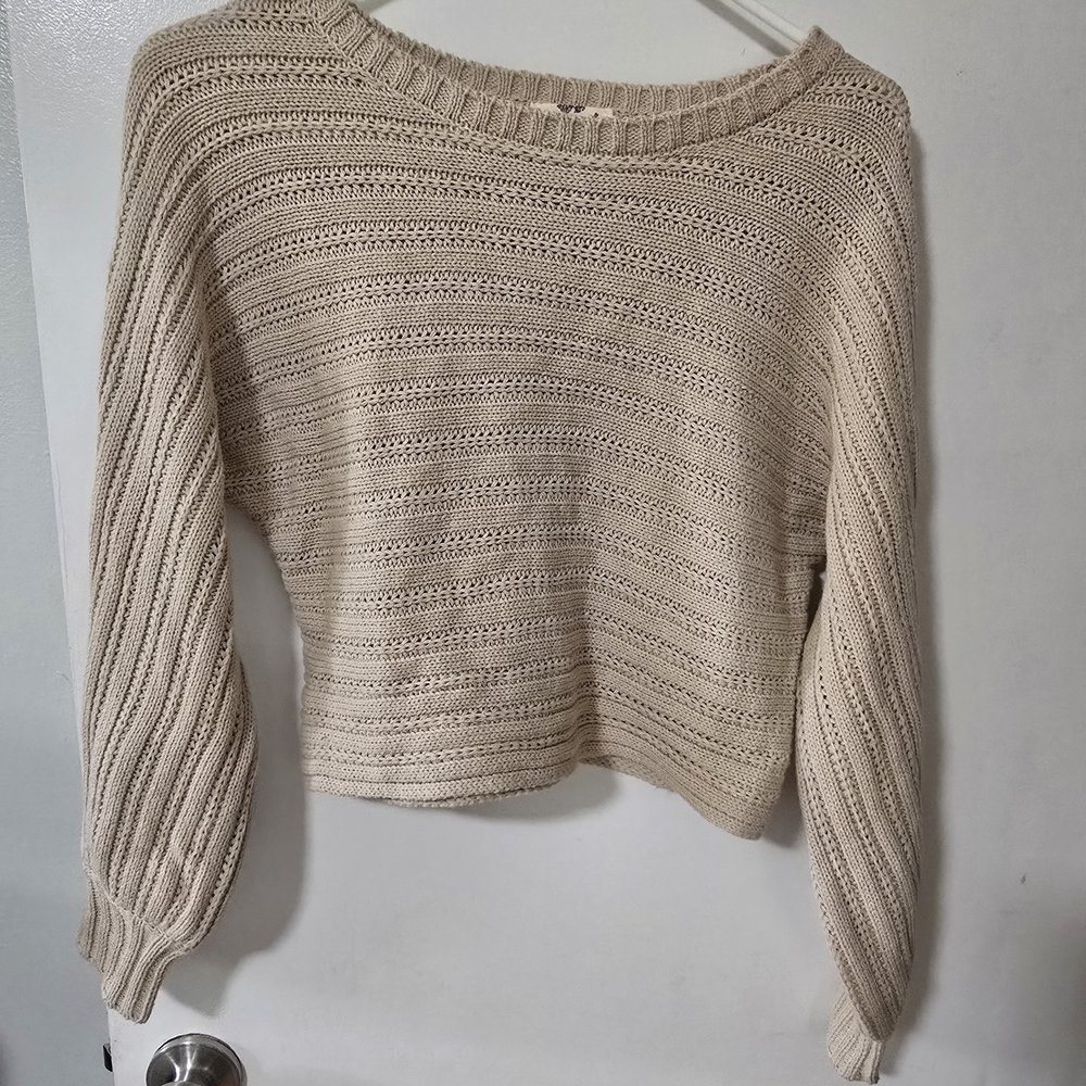 Hippie Rose Cropped Chunky Knit Sweater Beige Long Sleeve Cozy Pullover XS